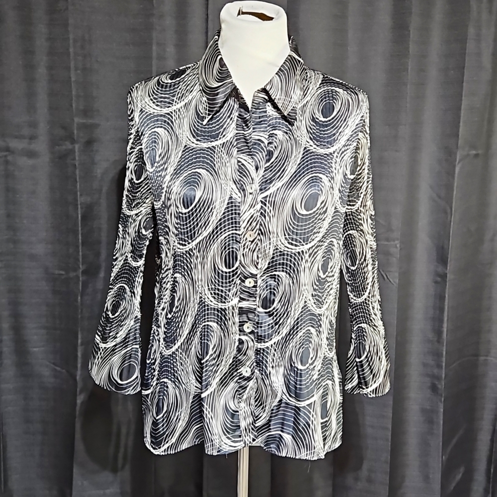 Funnel print bell sleeve button up blouse
